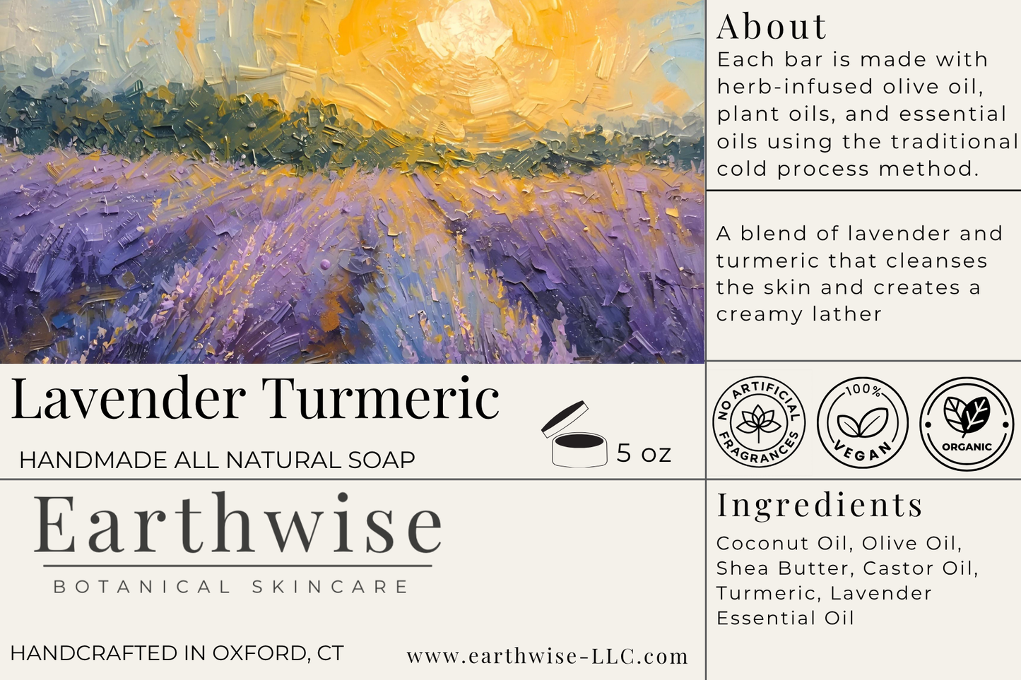 Earthwise Lavender Turmeric soap label with lavender field illustration