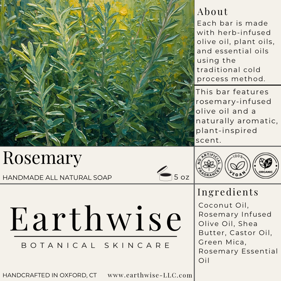 Label for Earthwise Rosemary handmade all natural soap with botanical skincare description.