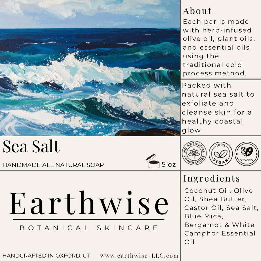 Earthwise Sea Salt handmade all natural soap label with ocean wave design