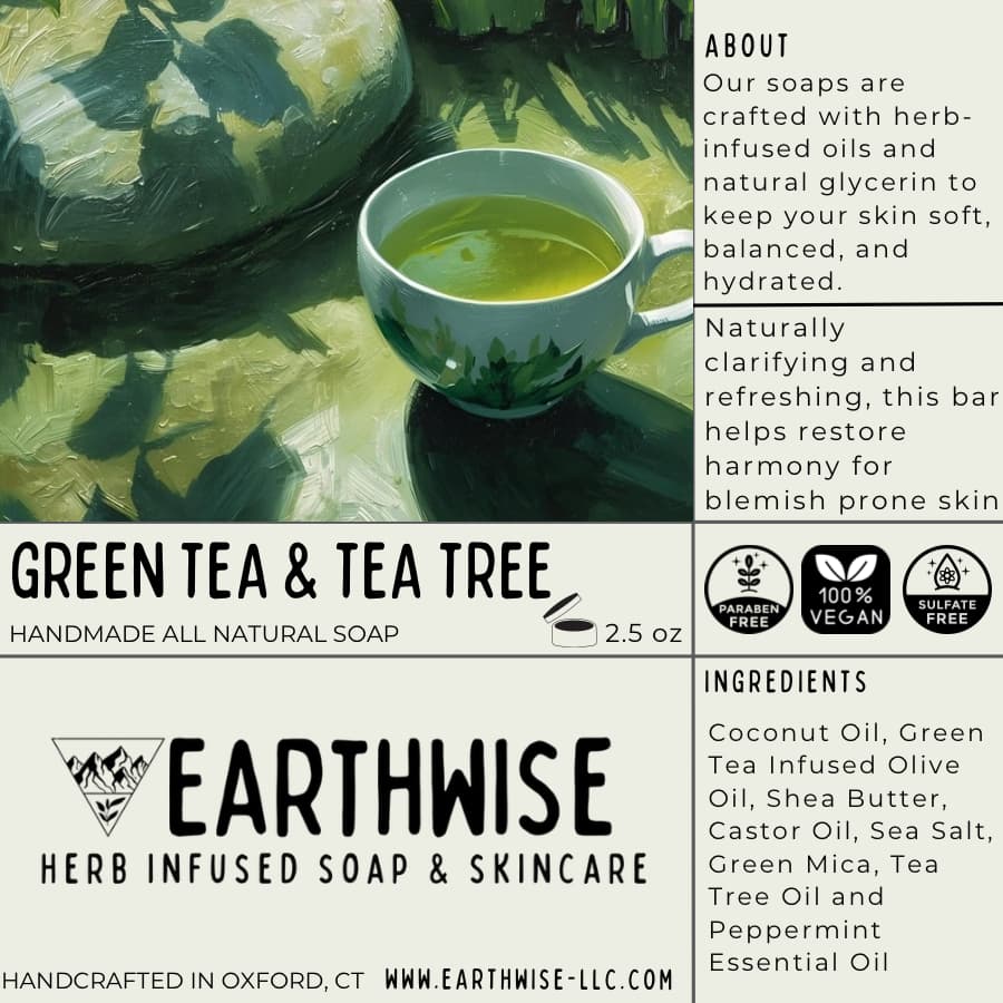 Earthwise Green Tea & Tea Tree soap packaging with a cup of green tea and tea tree leaves.