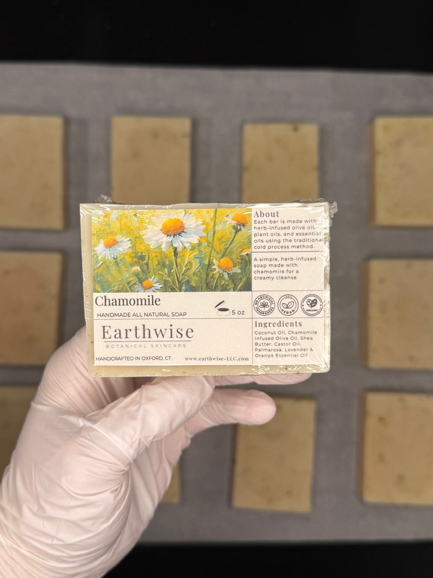 Hand holding a bar of Earthwise soap with packaging featuring daisies and text.