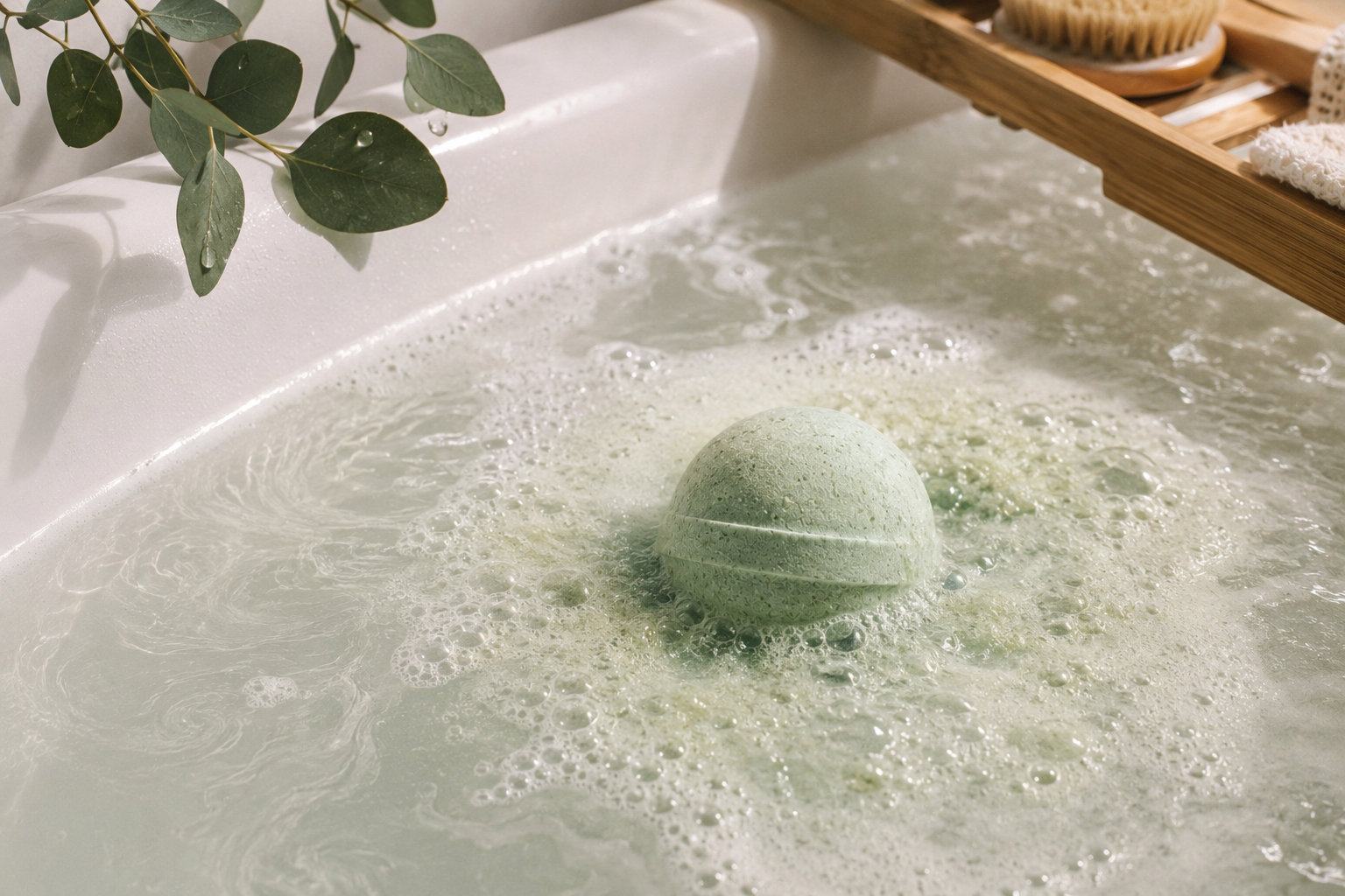 Eucalyptus Bath bomb fizzing inside a spa like ytub