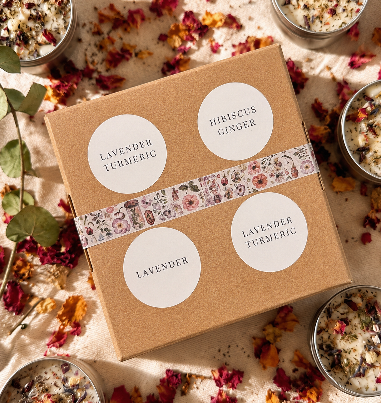 Back of a natural hand soap gift box illustrating the type of soap in the box