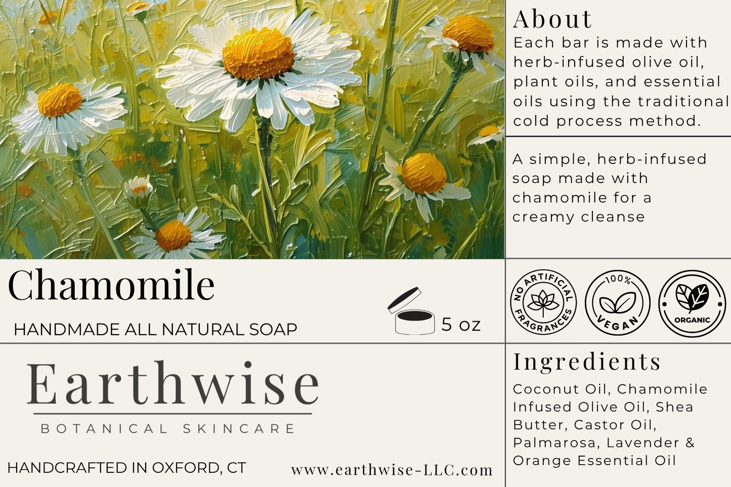 Earthwise Chamomile soap label with a painting of chamomile flowers and product details.