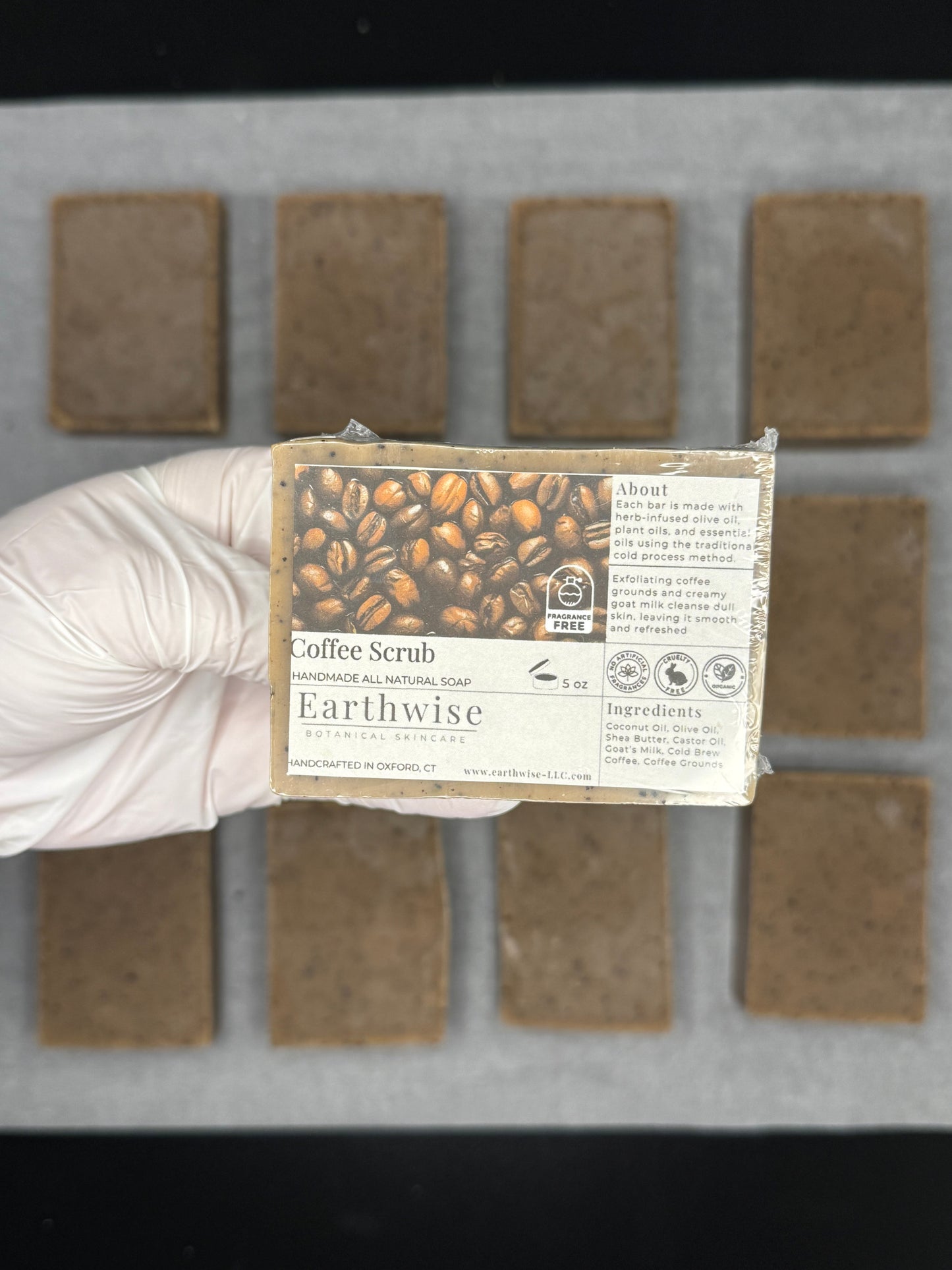 Hand holding a package of Earthwise Coffee Scrub against a grid background