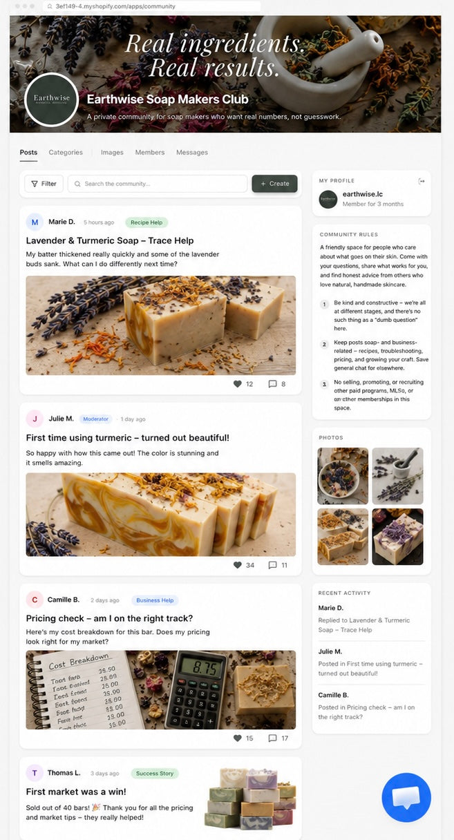 Screen capture of a soap-making website with product images and text.