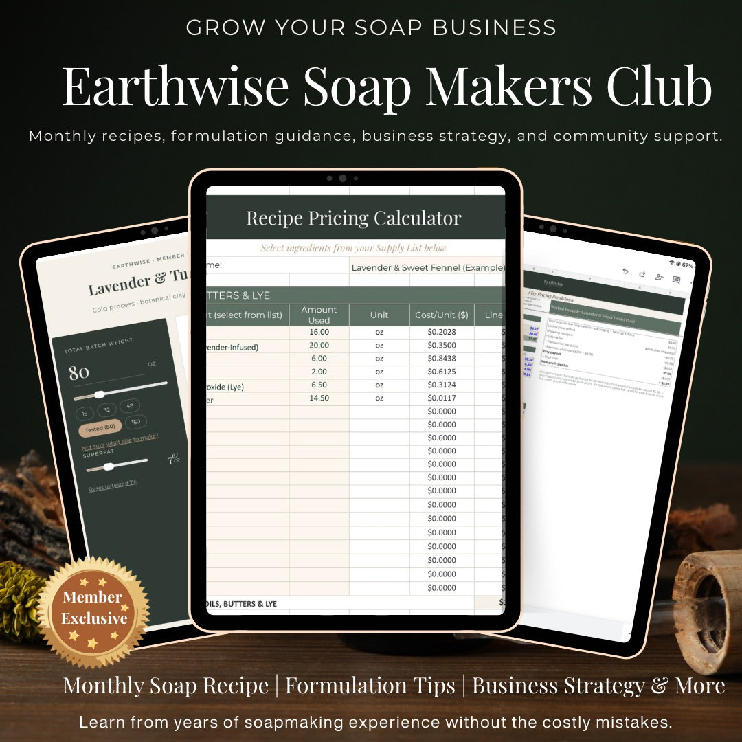 Promotional graphic for Earthwise Soap Makers Club with tablets displaying software interface.