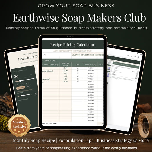 Promotional graphic for Earthwise Soap Makers Club with tablets displaying software interface.