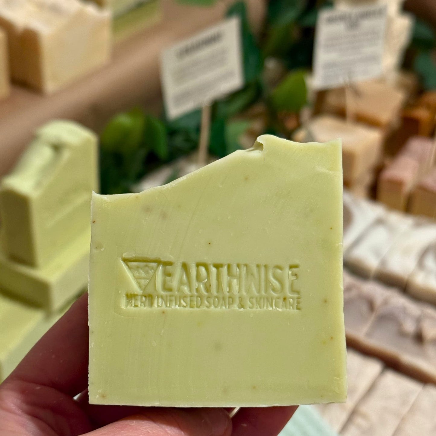 Close up of green tea and tea tree oil facial soap showing natural texture and Earthwise stamp