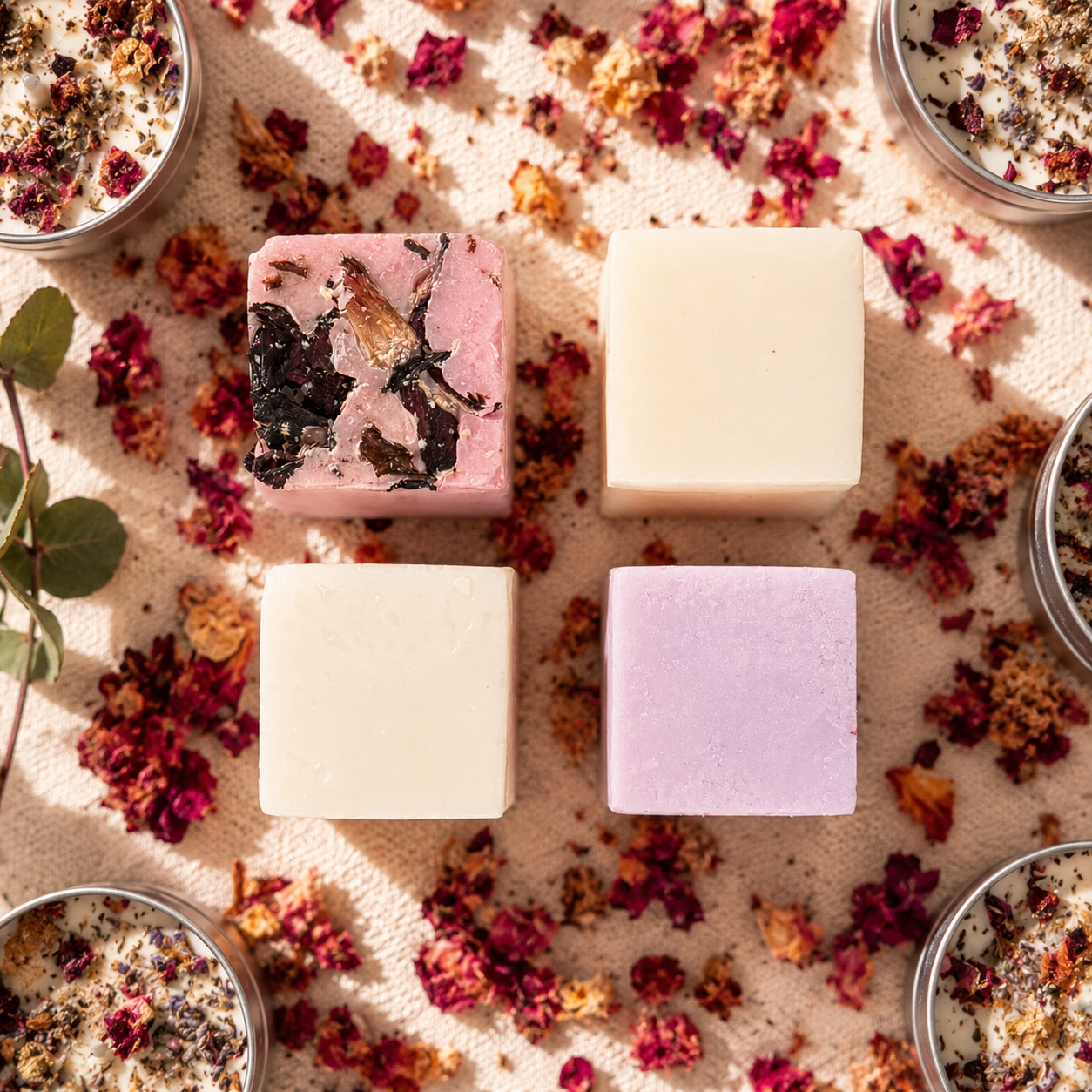 Natural Cold Process Soap with rose petals in the background 