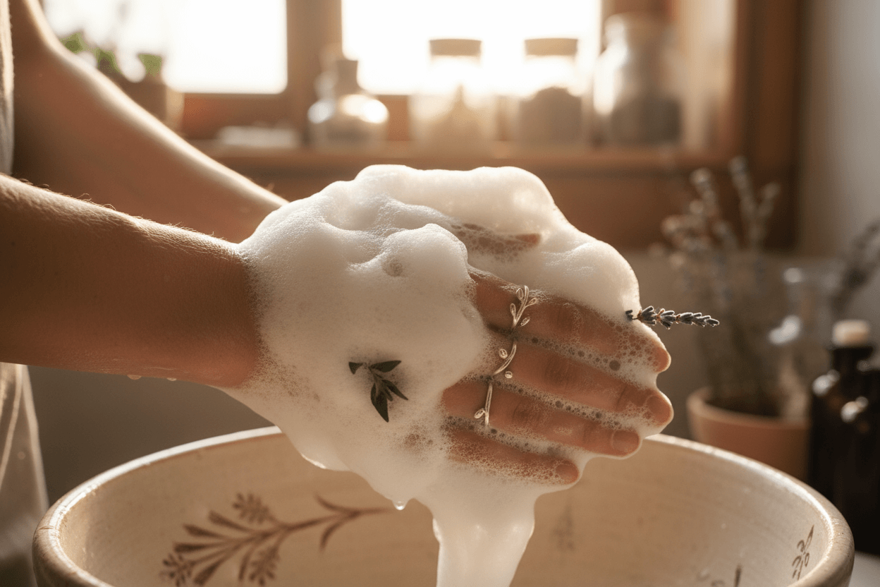 Hands lathered in a creamy herbal soap over a ceramic bowl in a warm natural light