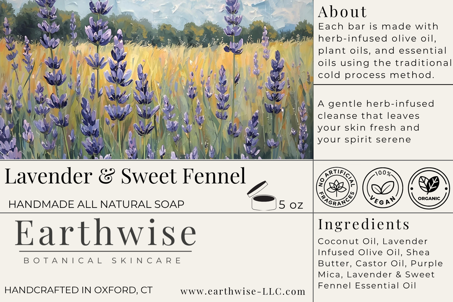 Earthwise Lavender & Sweet Fennel soap label with lavender field illustration