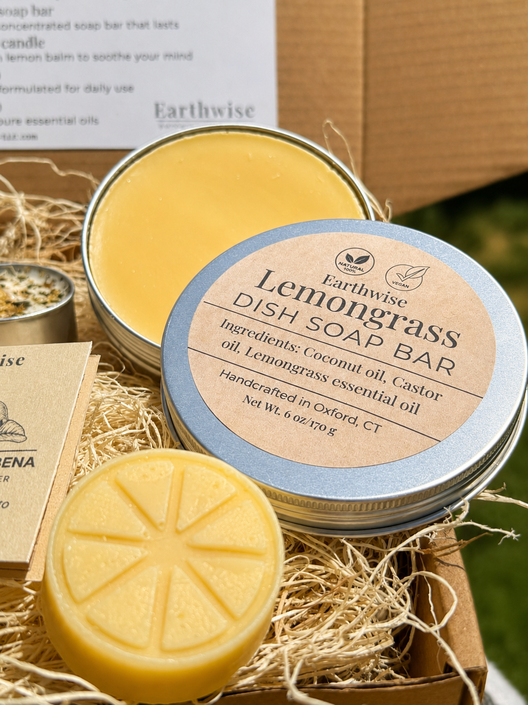 Close up photo of a lemongrass dish soap bar included in a lemongrass gift set