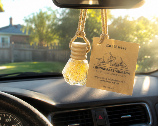 Car air freshener with a label on a car dashboard