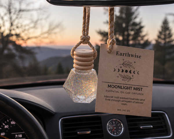 Car diffuser with 'Earthwise' label hanging from a car's rearview mirror with a scenic background.