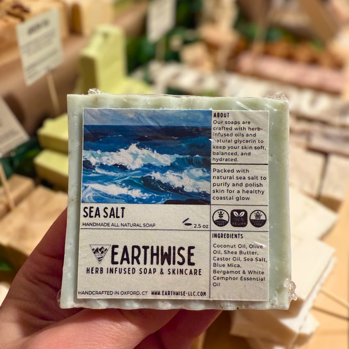 Hand holding a bar of Earthwise Sea Salt soap with packaging details.