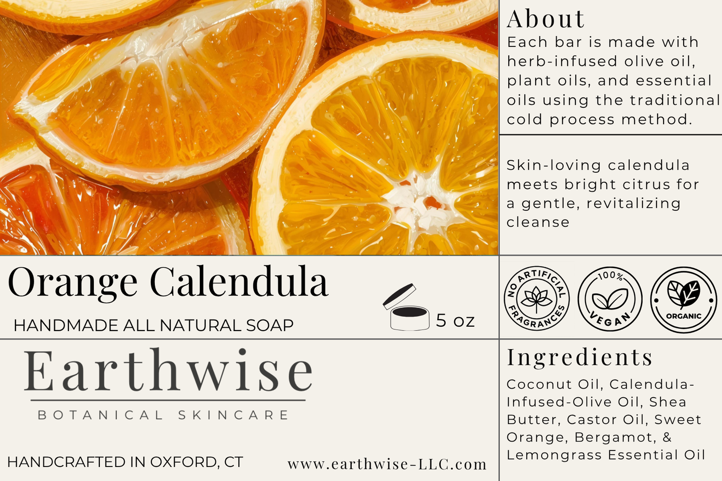 Earthwise Orange Calendula soap label with orange slices and product details.