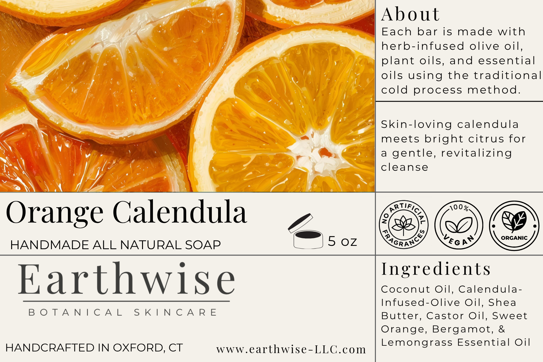 Earthwise Orange Calendula soap label with orange slices and product details.