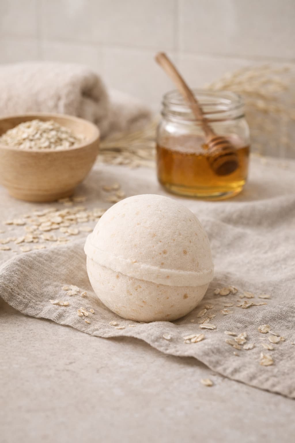 Honey oatmeal milk bathbomb with a creamy lather