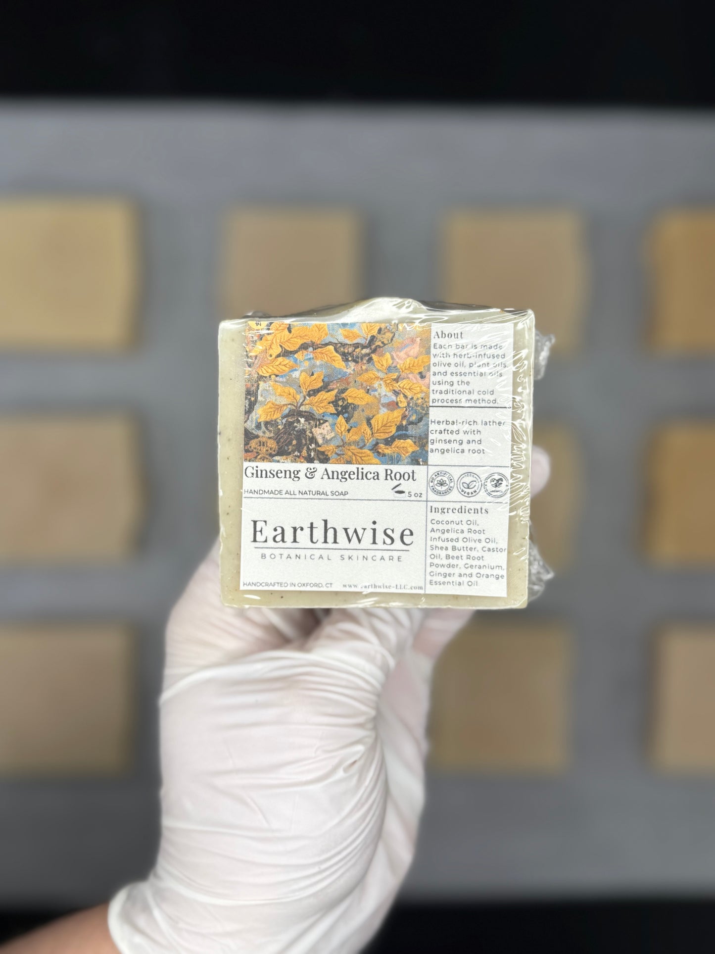 Hand holding a bar of soap labeled 'Earthwise' with a blurred background