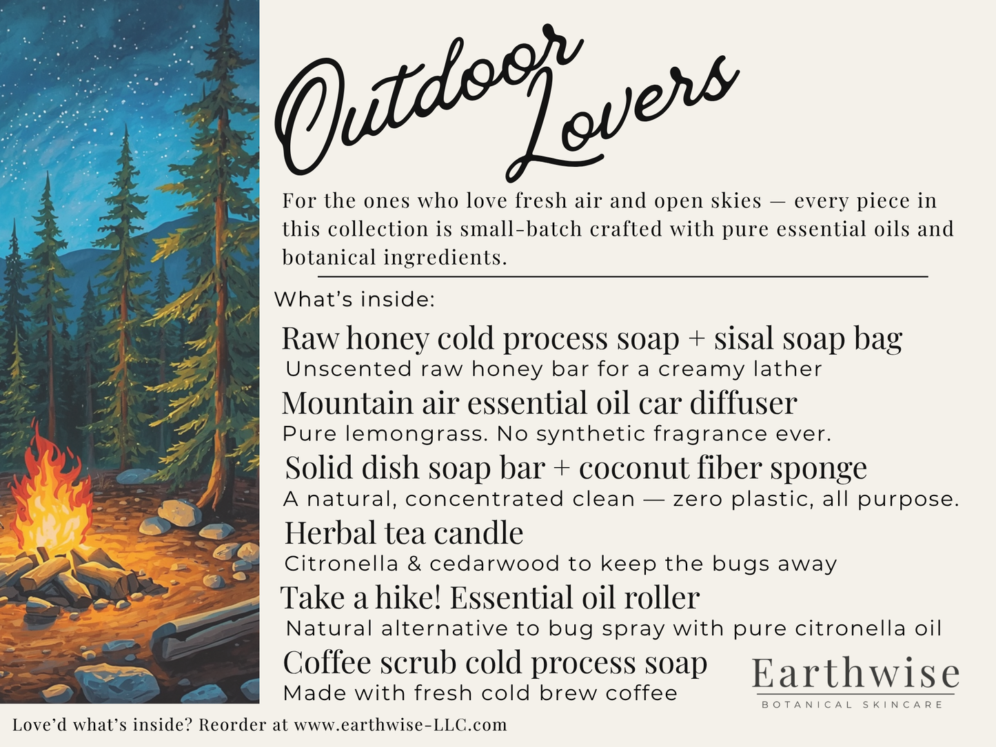 Promotional image for Earthwise botanical skincare products with a campfire and forest background.