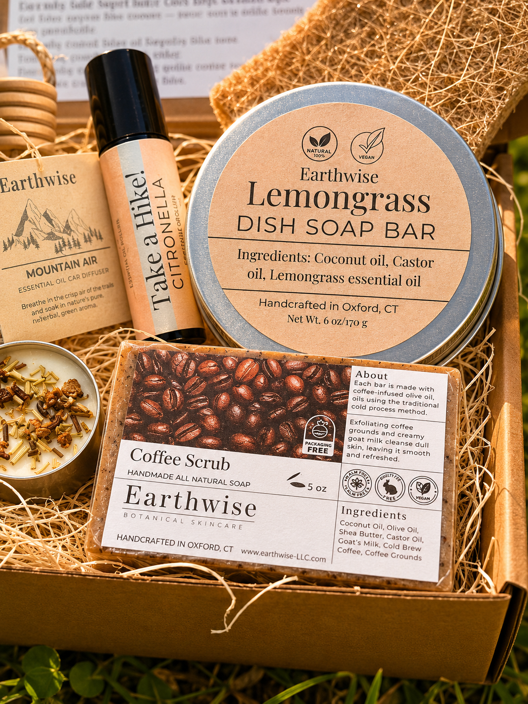 Earthwise product set including dish soap bar, coffee scrub, and essential oil bottle in a box.