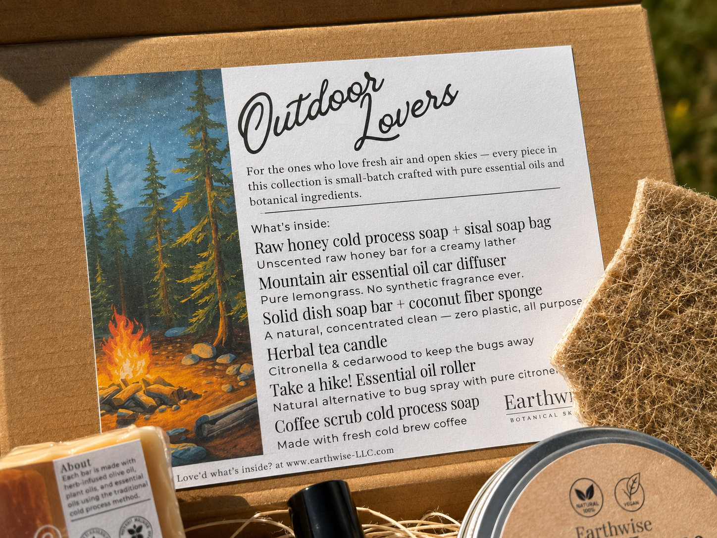 Closeup of Earthwise Outdoor Lovers collection card listing handmade products including raw honey soap, mountain air car diffuser, dish soap bar, herbal candle, and citronella essential oil roller