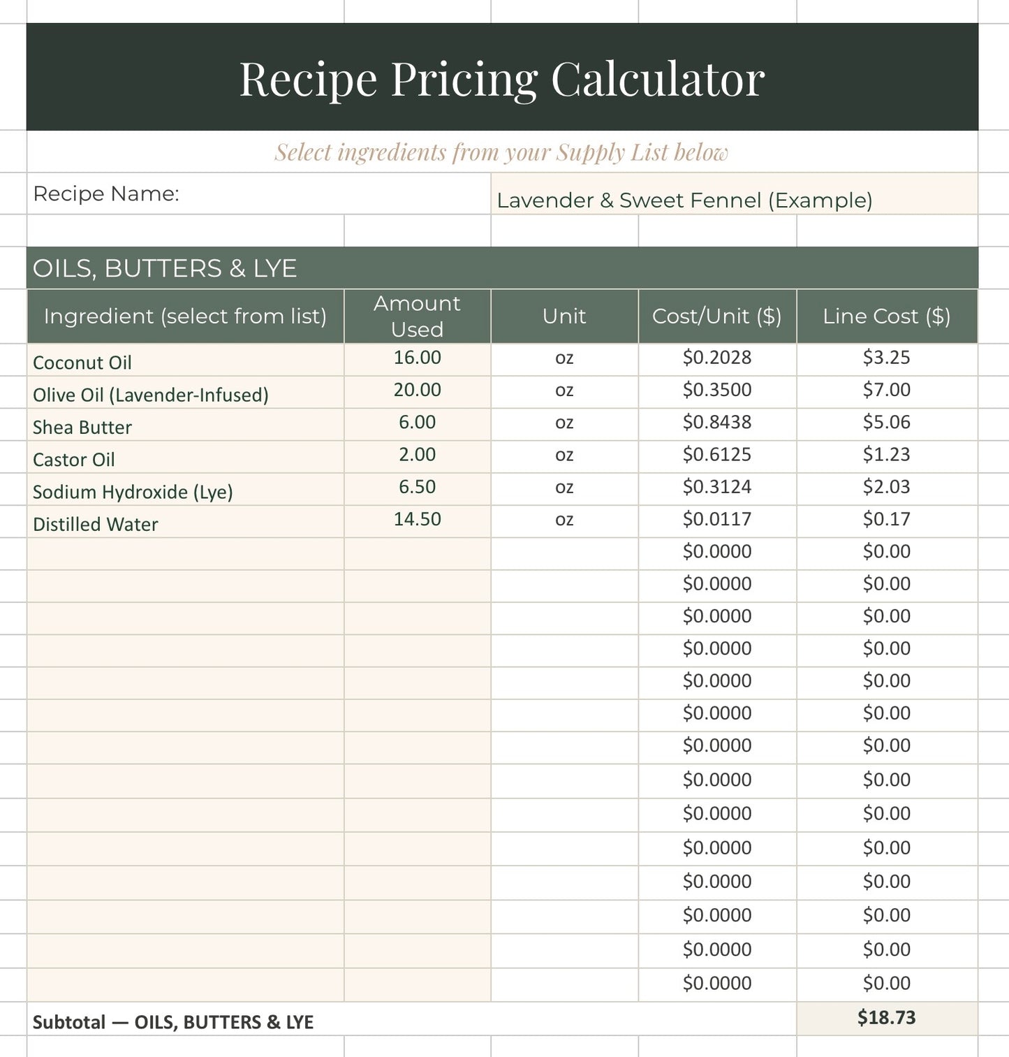 Recipe Pricing Calculator for ingredients like coconut oil, olive oil, and shea butter with costs displayed.