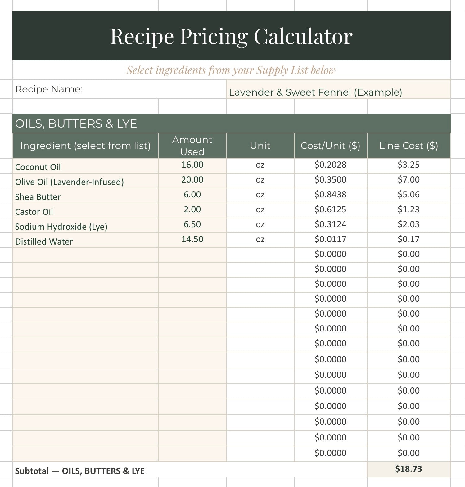 Recipe Pricing Calculator for ingredients like coconut oil, olive oil, and shea butter with costs displayed.