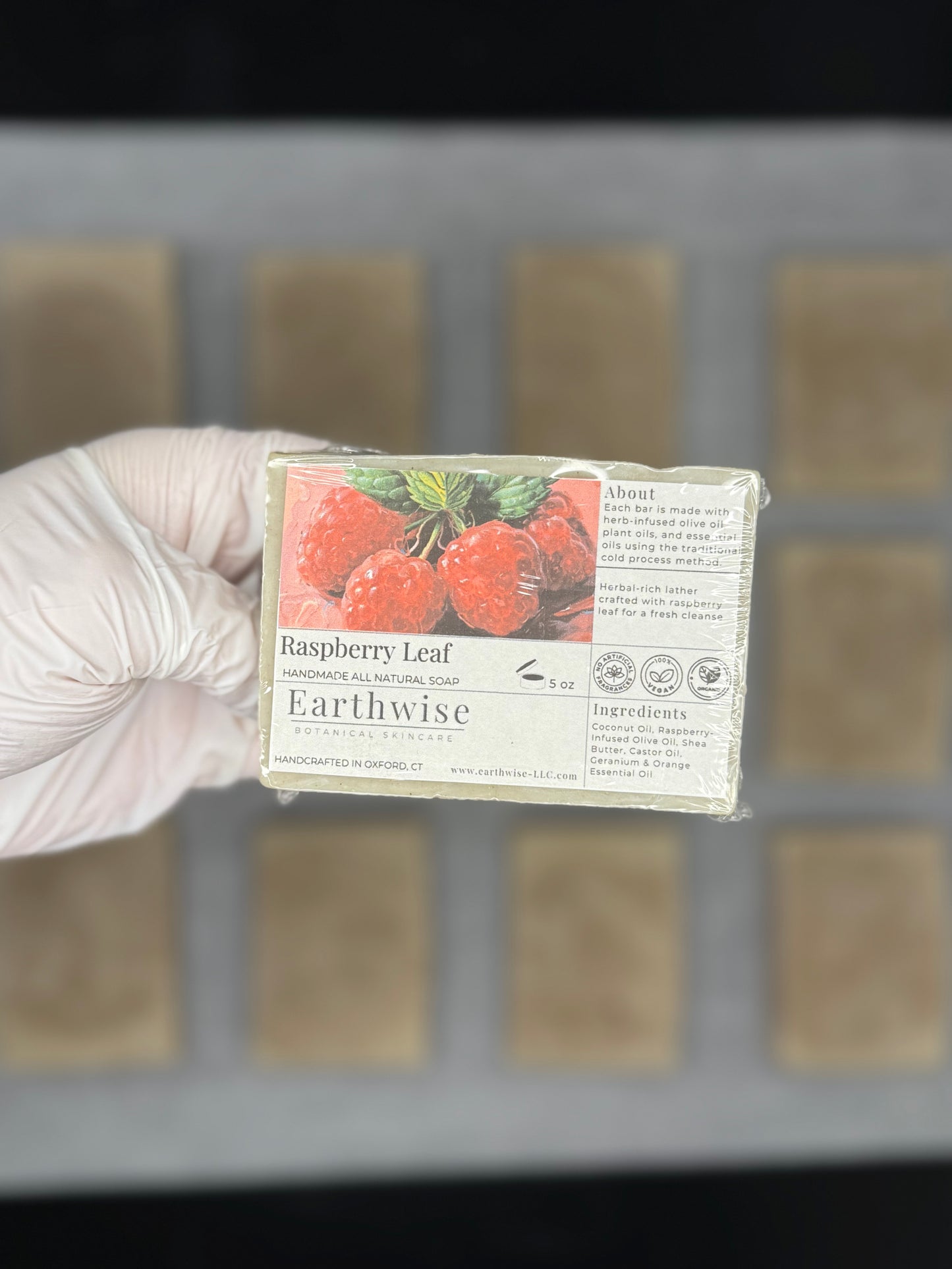 Bar of natural soap with 'Earthwise' branding held by a gloved hand against a blurred background.