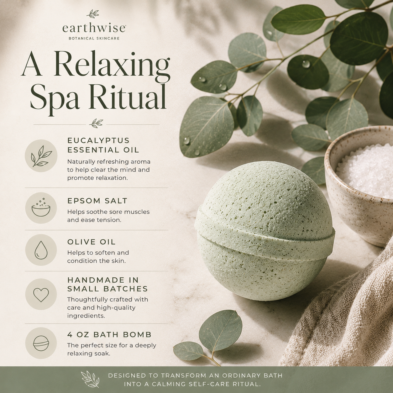 Earthwise bath bomb with eucalyptus essential oil, epsom salt, olive oil, and eucalyptus leaves on a neutral background.