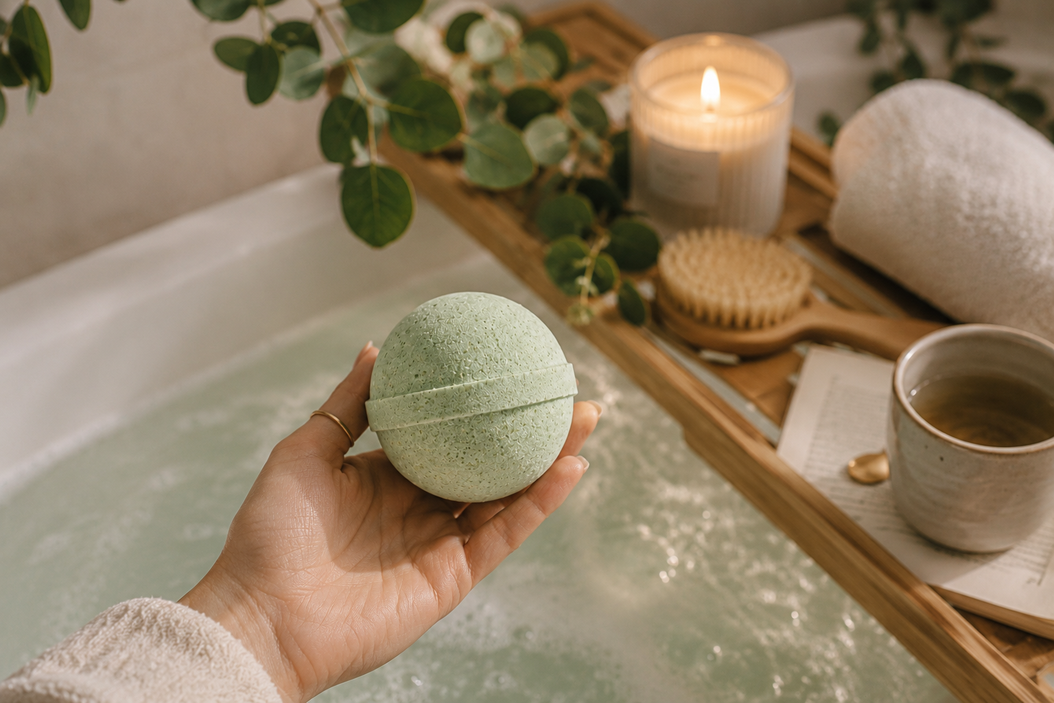 Hand holding a green bath bomb with a bathtub, candle, and spa items in the background.