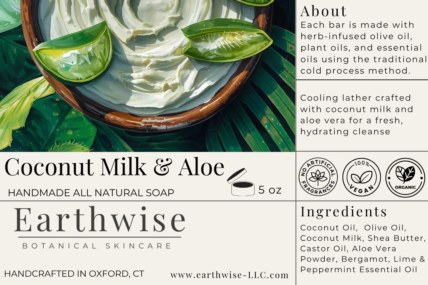 Earthwise Coconut Milk & Aloe soap bar packaging with ingredients list and branding details.