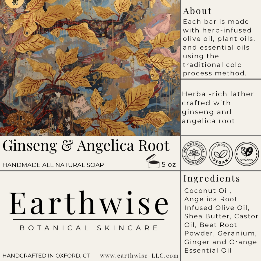Earthwise botanical skincare soap label with ginseng and angelica root ingredients.