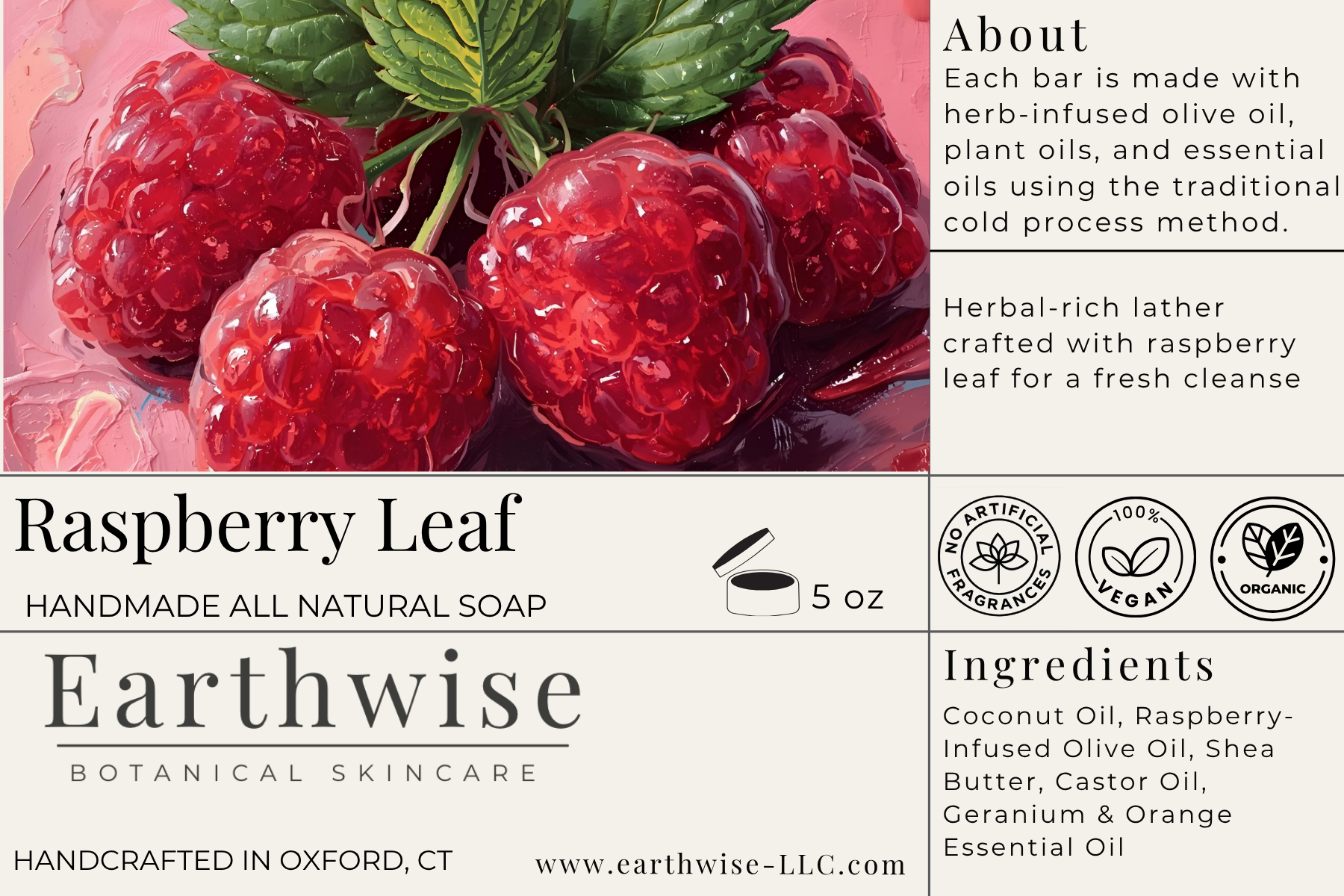 Earthwise Raspberry Leaf soap packaging with raspberry illustration and product details.