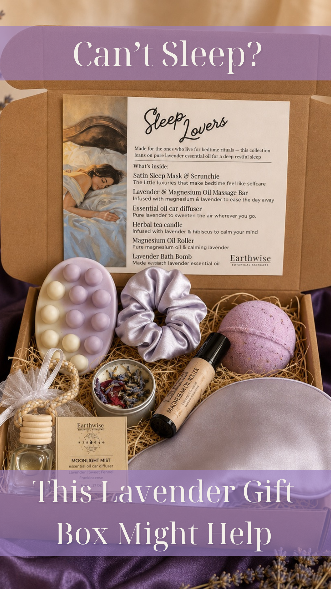 Aerial shot of the sleep lovers box full of lavender and magnesium products for better sleep