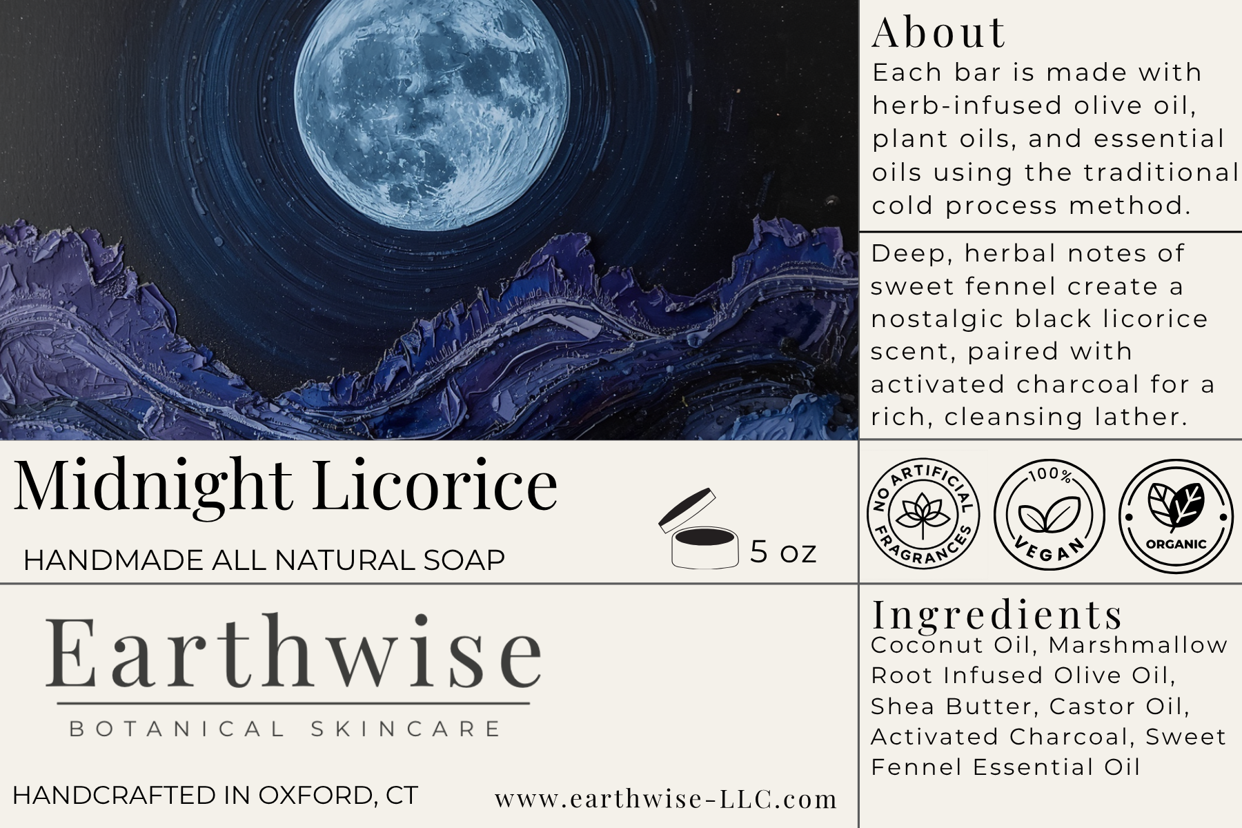Front and back of an Earthwise Midnight Licorice handmade soap bar package, showing a dark illustrated background with a moon and mountains, product name, scent description, ingredients list, and certification icons.