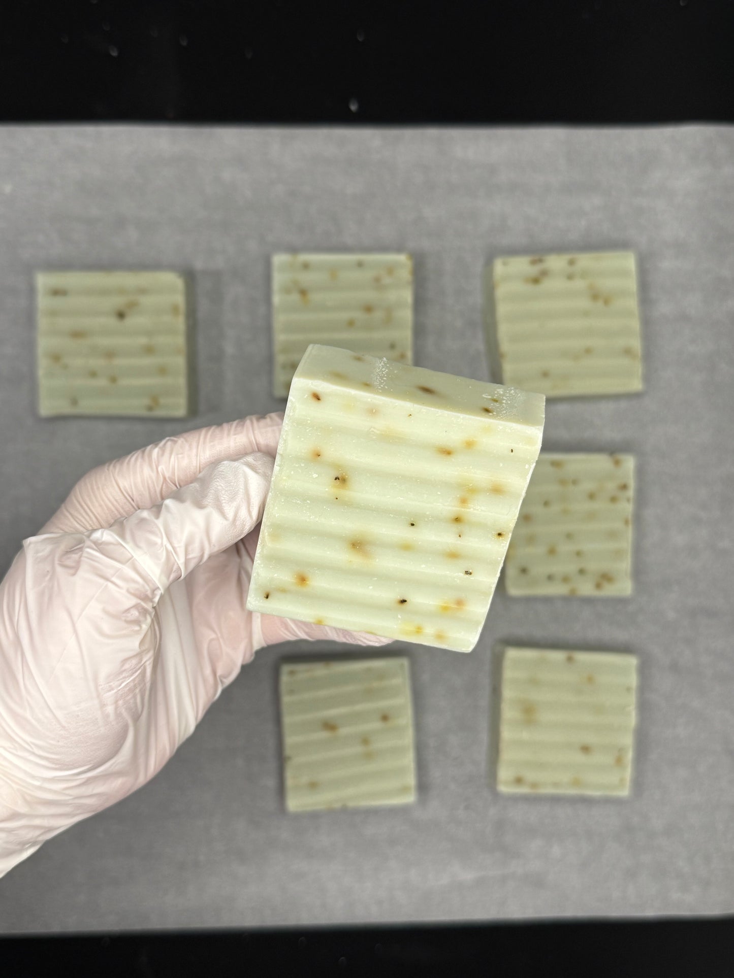 Hand wearing a glove holding a sqare natural Rosemary soap bar with multiple soap bars behind it