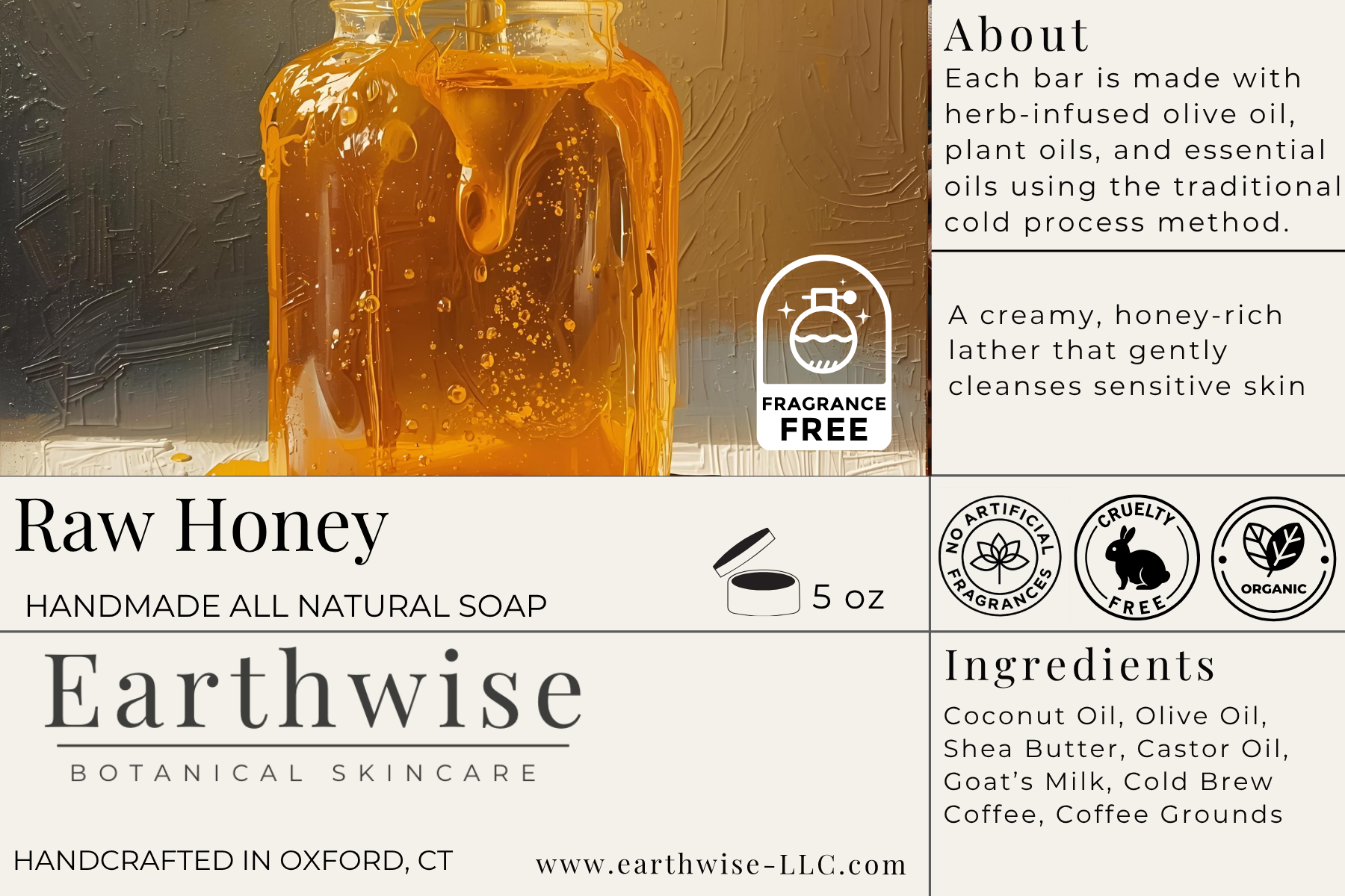 Earthwise Raw Honey soap bar packaging with branding and product details.