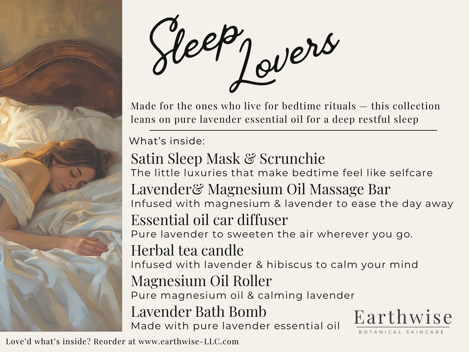 Sleep lovers gift set label listing all the products in the box: Purple satin sleep mask and scrunchie, lavender and magnesium oil massage bar, essential oil car diffuser, herbal tea candle, magnesium oil roller, and a lavender bath bomb