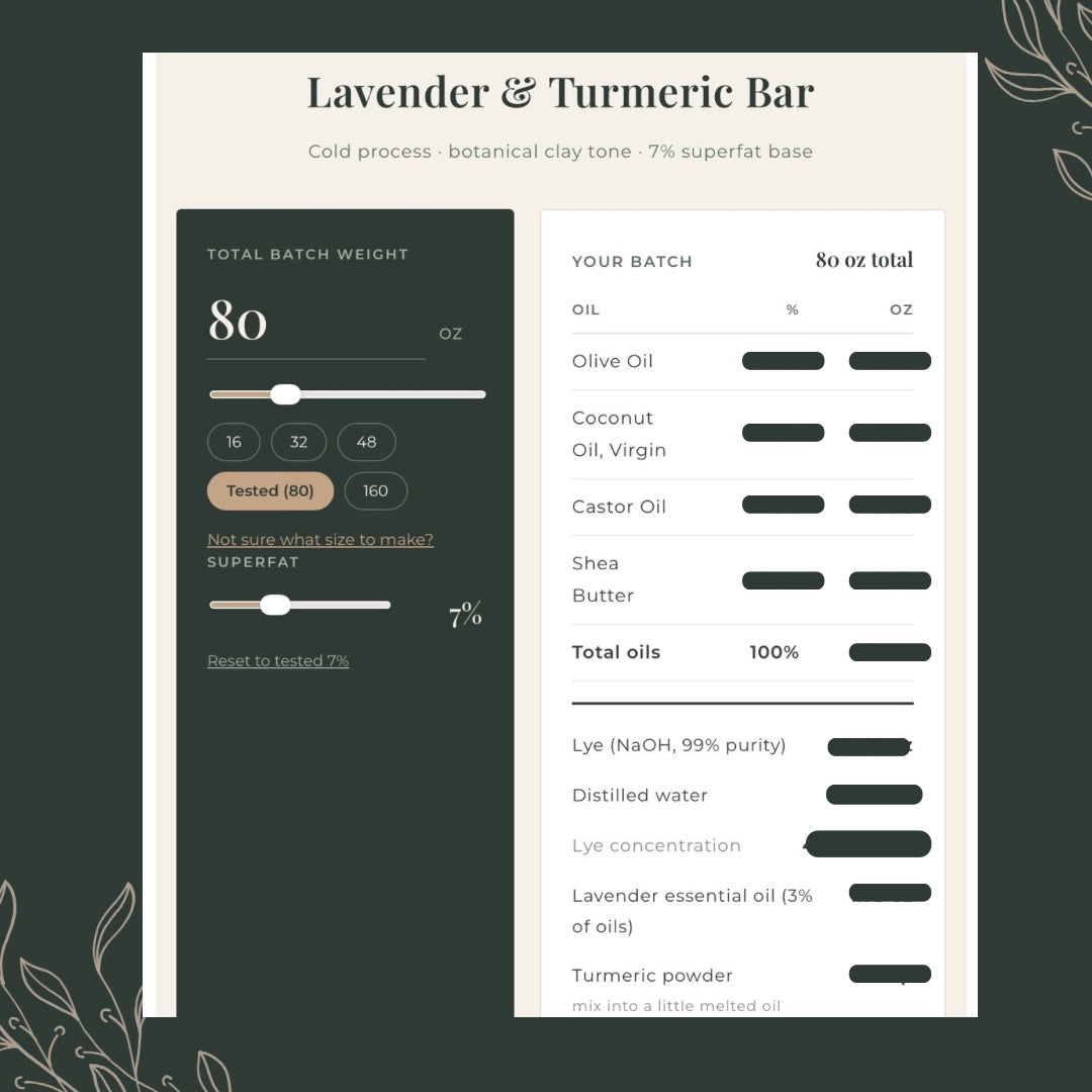 Formula sheet for a Lavender & Turmeric Bar with ingredient details on a white background.